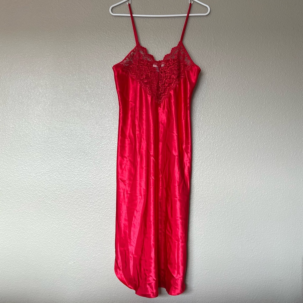 Vintage Inner Most Red Satin Lace Trim Midi Lingerie Slip Dress